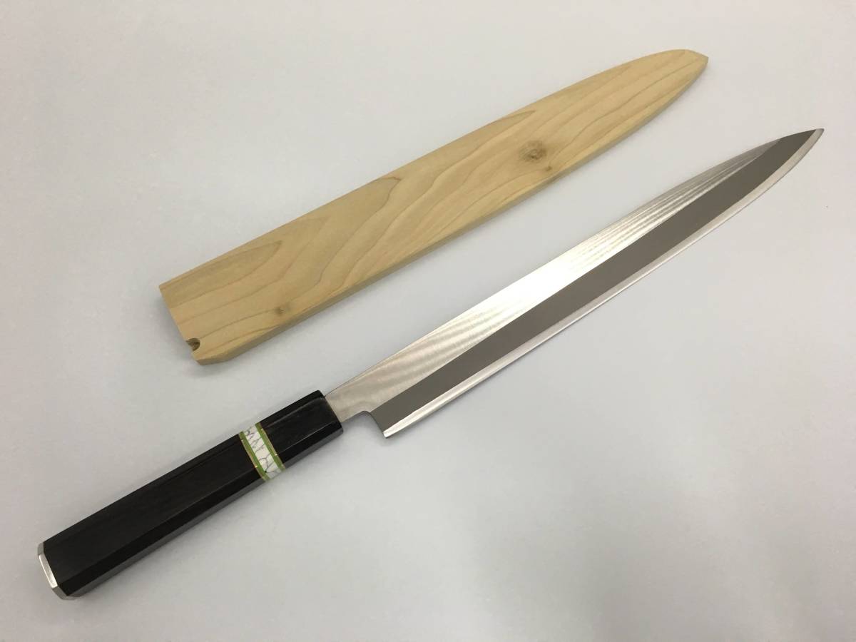 ステンレス全鋼 本焼き 柳刃包丁尺寸 黒檀水牛八角柄 朴木鞘付き