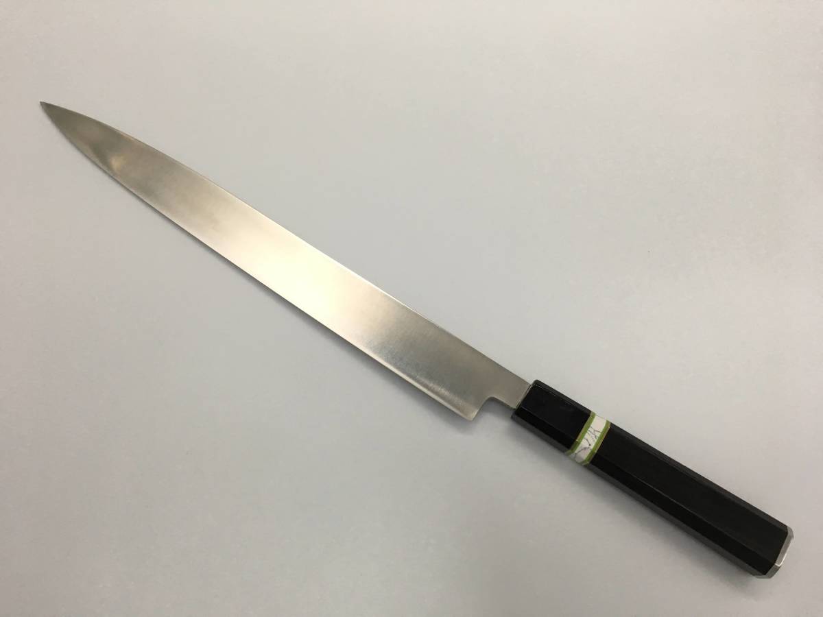 ステンレス全鋼 本焼き 柳刃包丁尺寸 黒檀水牛八角柄 朴木鞘付き