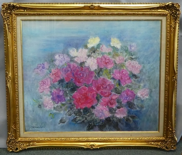 ☆油絵☆ 金登美 『赤いばら』 F20号 【春陽会】 大型絵画✨金 登美(