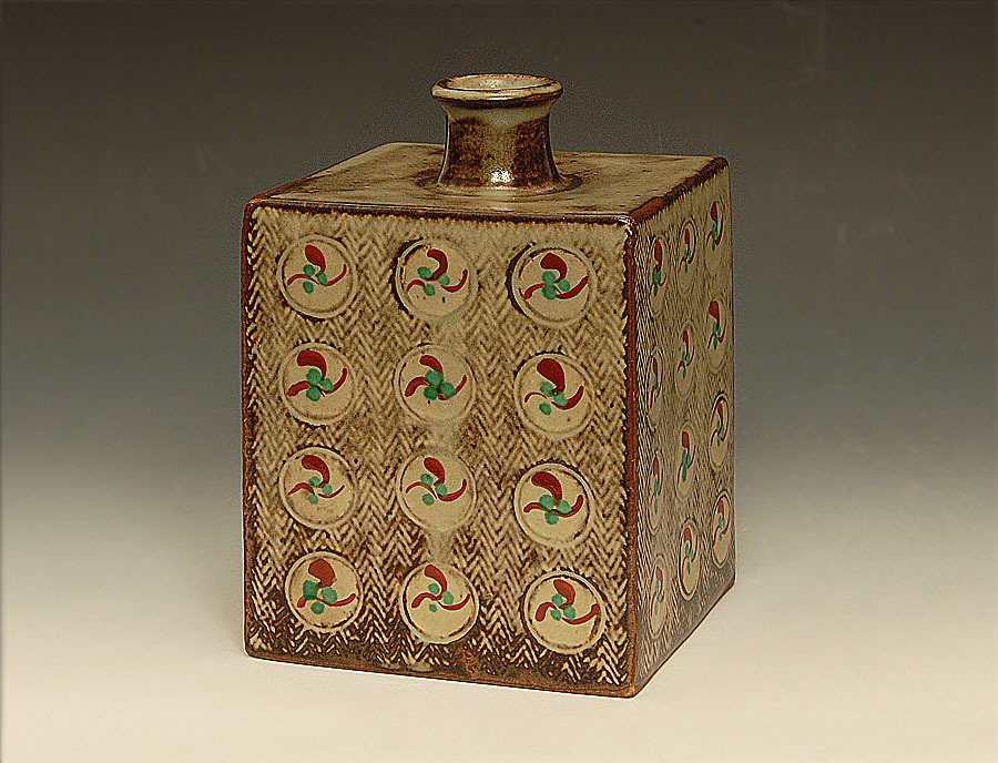 工芸品 人間国宝【島岡達三】象嵌赤絵角皿 19cm×19cm 共箱 師)濱田庄司