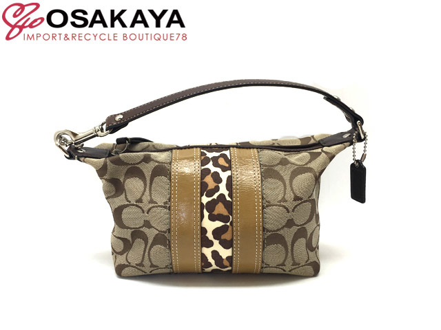 中古 COACH コーチ ミニハンドバッグ シグネチャー ヒョウ柄 ブラウン  