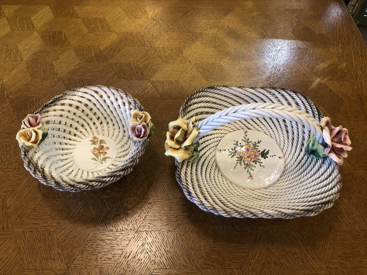 イタリア製 26cm 陶器製花籠 花のデザイン 陶器バスケット Ponte 陶花 