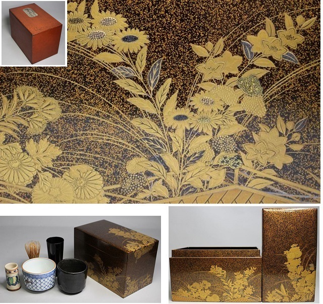 ☆大名品 時代秋草蒔絵茶箱 傑作品 江戸期 茶碗 須田菁華 時代黒楽茶碗