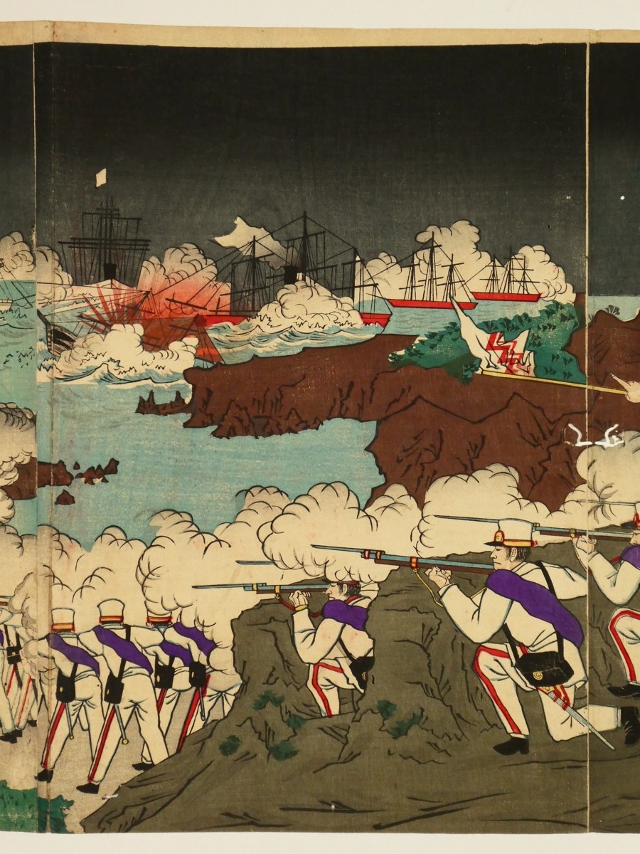 X18 無款「日清両国戦争図」三枚続 裏打・剥し跡有◆日清戦争◆戦争絵◆版画◆浮世絵◆ | 浮世絵 山星書店 枝年昌 日清海城大激戦之図 ギャラリー