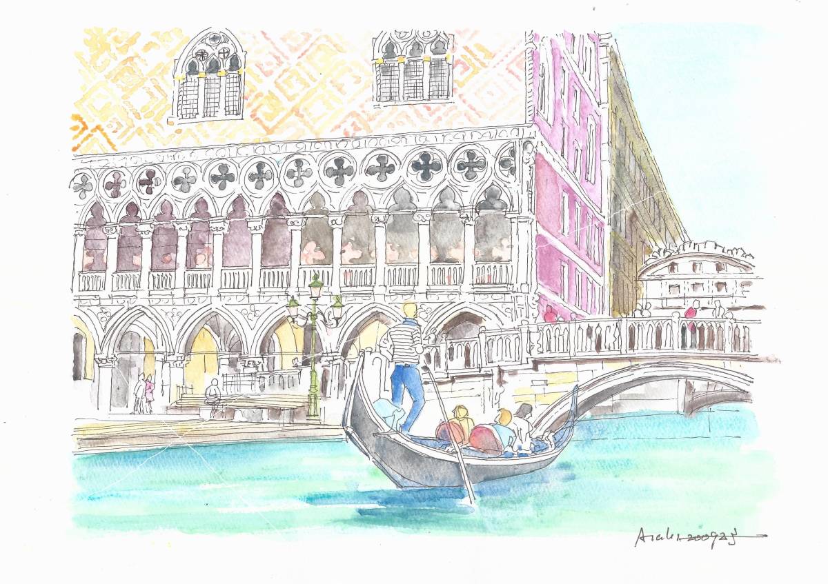世界遺産の街並み・イタリア・ベニスのゴンドラ・F4画用紙・水彩画原画