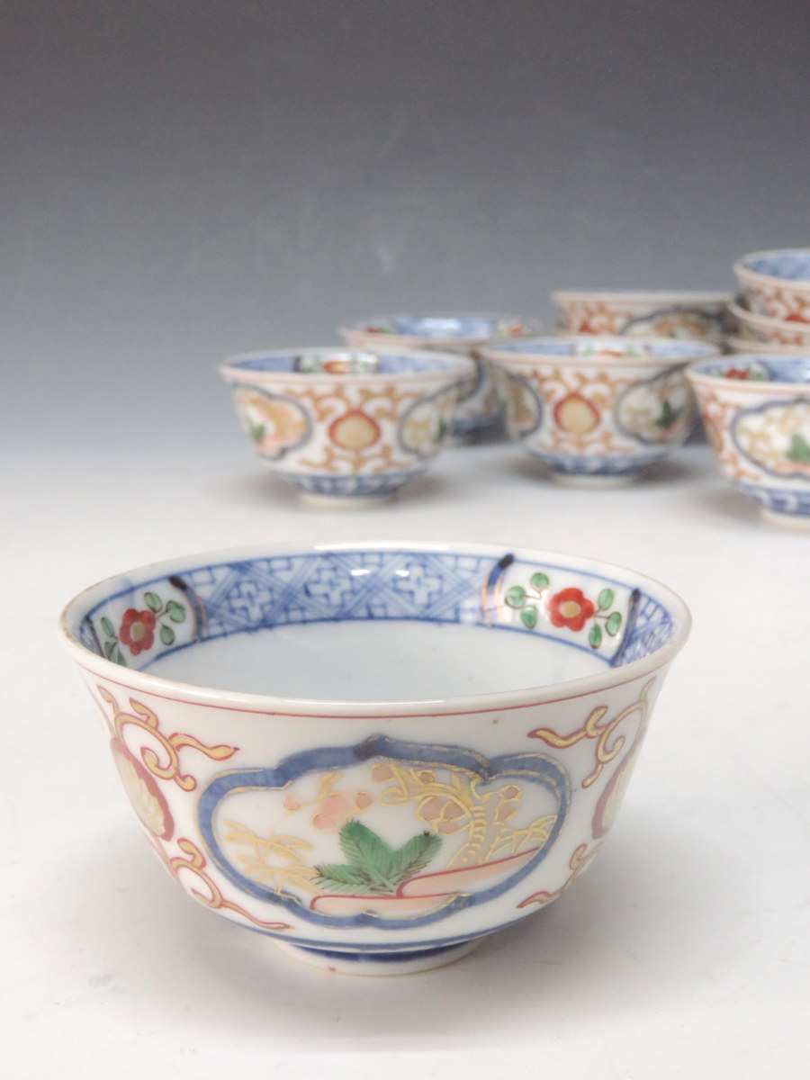 dy6276-s◇◇大聖寺 伊万里 色絵煎茶碗 10客揃◇◇九谷焼 古陶磁 煎茶