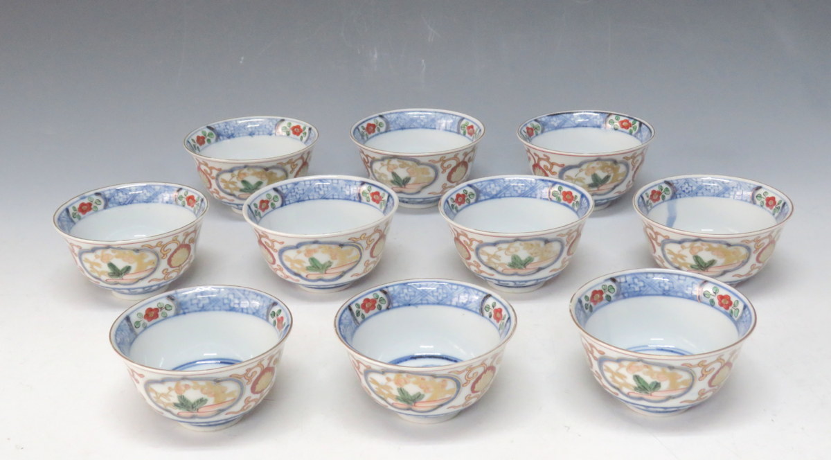 dy6276-s◇◇大聖寺 伊万里 色絵煎茶碗 10客揃◇◇九谷焼 古陶磁 煎茶