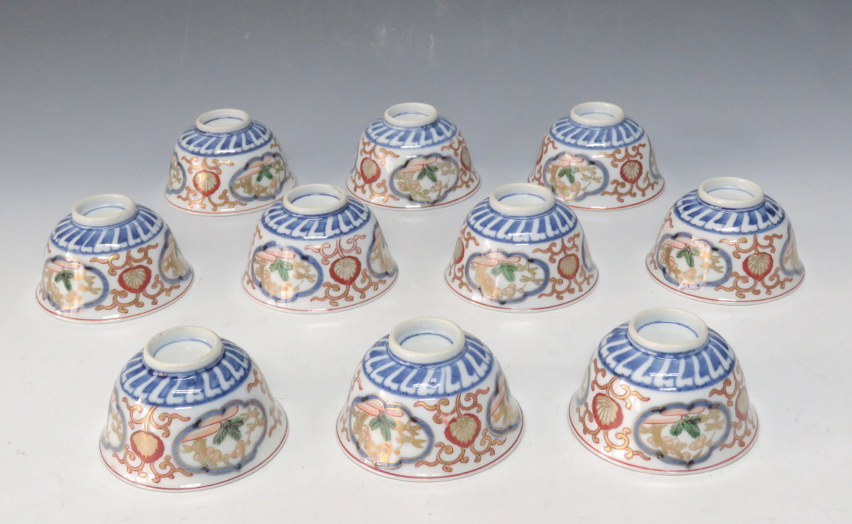 dy6276-s◇◇大聖寺 伊万里 色絵煎茶碗 10客揃◇◇九谷焼 古陶磁 煎茶