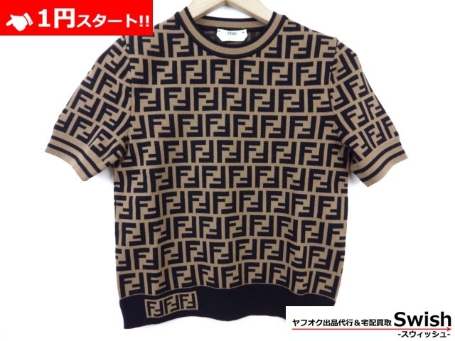 A821○FENDI フェンディ○未使用 FFロゴ 半袖 ニット 36 茶○(半袖 
