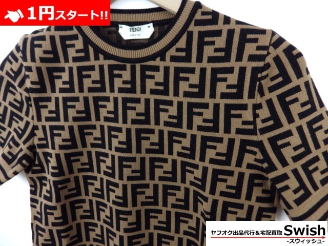 A821○FENDI フェンディ○未使用 FFロゴ 半袖 ニット 36 茶○(半袖
