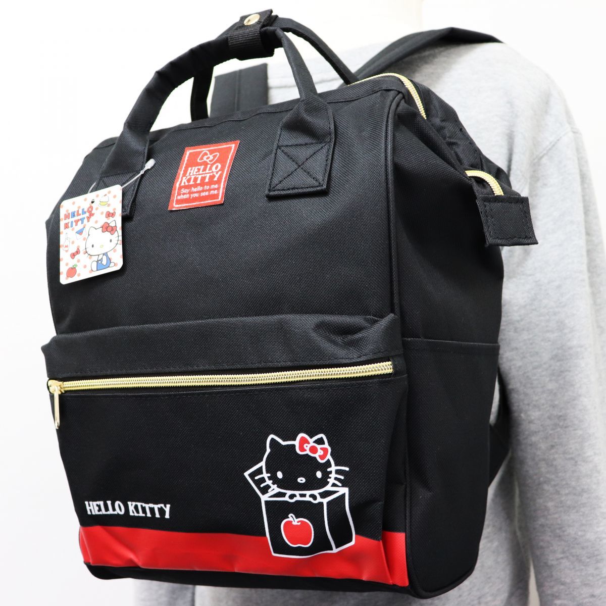 ハロー キティ HELLO KITTY 出し入れしやすい がま口 口金ファスナー リュックサック 鞄 バッグ BAG かばん 黒 KITTY ...