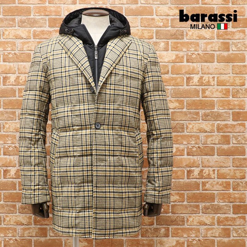 【SALE，2026】 1円/barassi MILANO/48 L サイズ/ダウンコート 日本製生地ウール系ツイード チェック 撥水フード ワッペン /黄色/イエロー/by177/(Lサイズ)｜売買されたオークション情報、yahooの商品情報をアーカイ Lサイズ