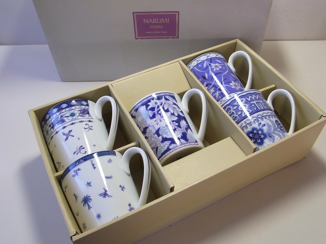 ◇ナルミ◇NARUMI マグカップ 5客 ブルーパープル系 花柄 更紗 アソート マグセット◇長期保管品未使用品