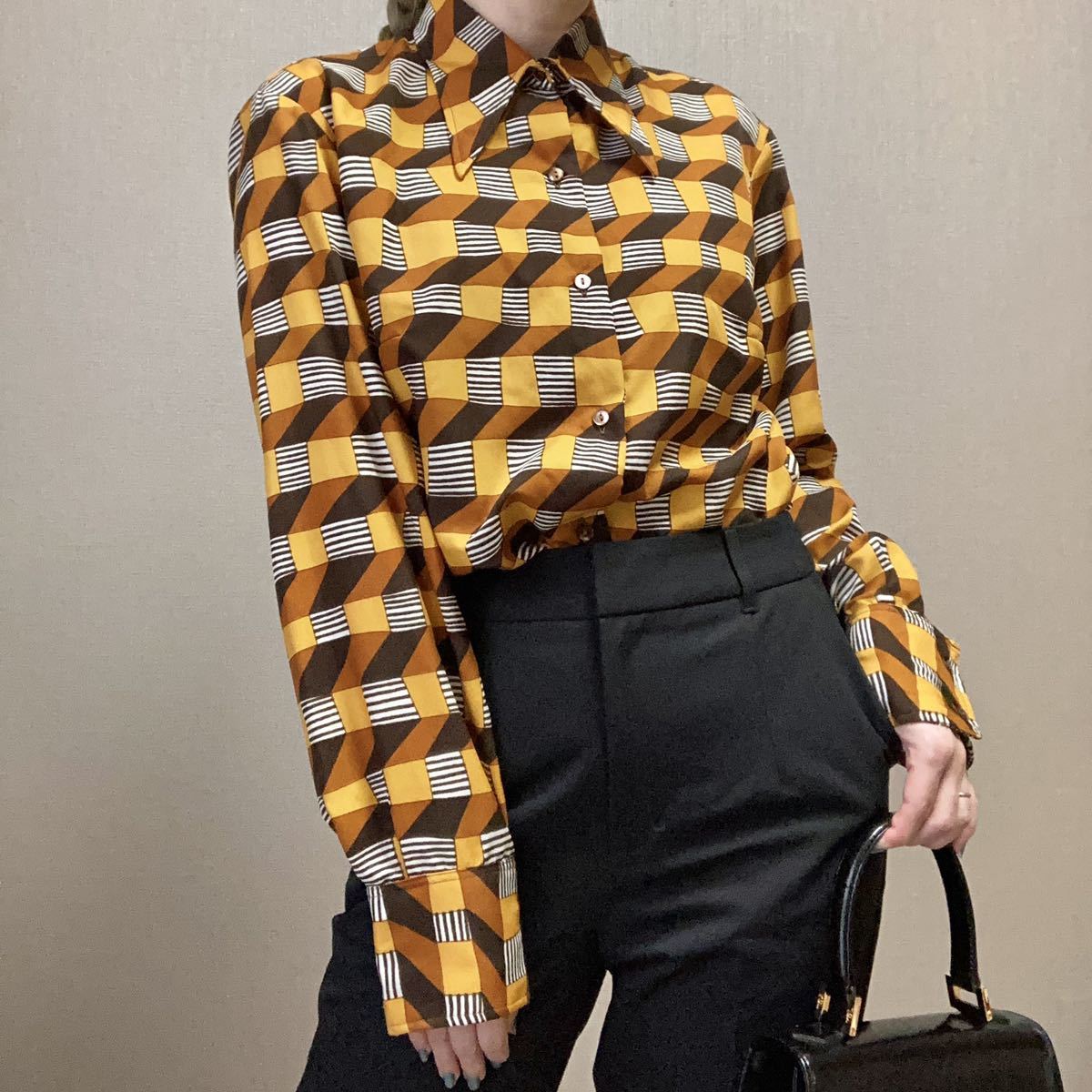 送料無料 即決 ヨーロッパ 古着 vintage アート 柄シャツ 長袖 シャツ 