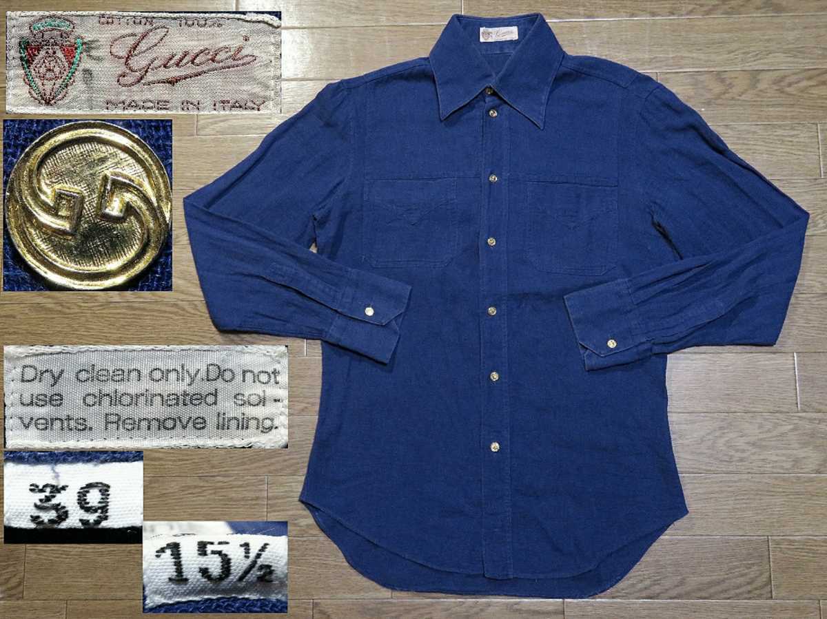 超絶レア★オリジナル金ボタン【OLDオールドGUCCIグッチ】ビンテージ【MADE IN ITALY(イタリア製)】長袖シャツ15.1/2(39)コットン100%★