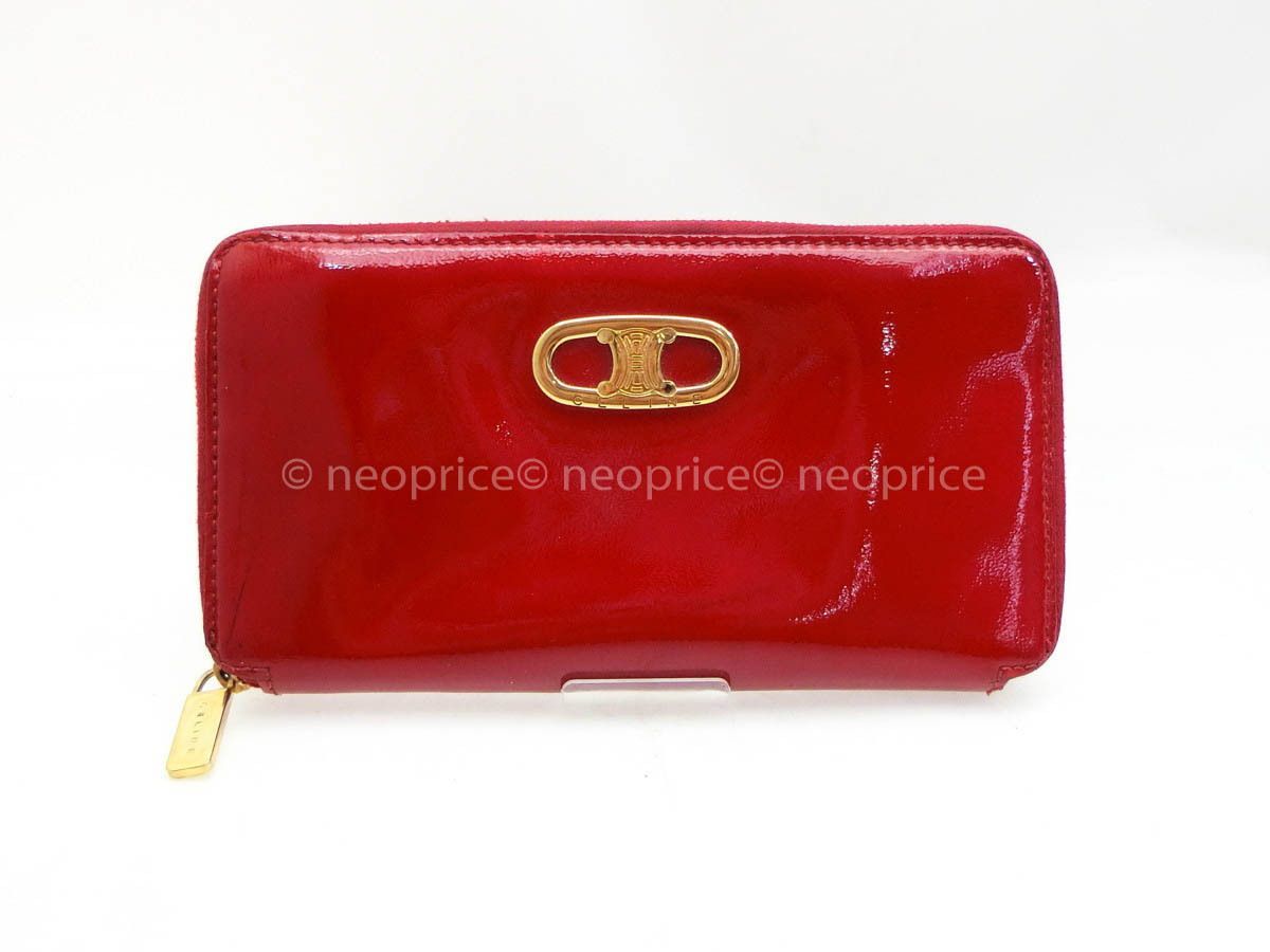 ☆Z2867 CELINE セリーヌ パテント レザー ブラゾン 金具 赤 ラウンド