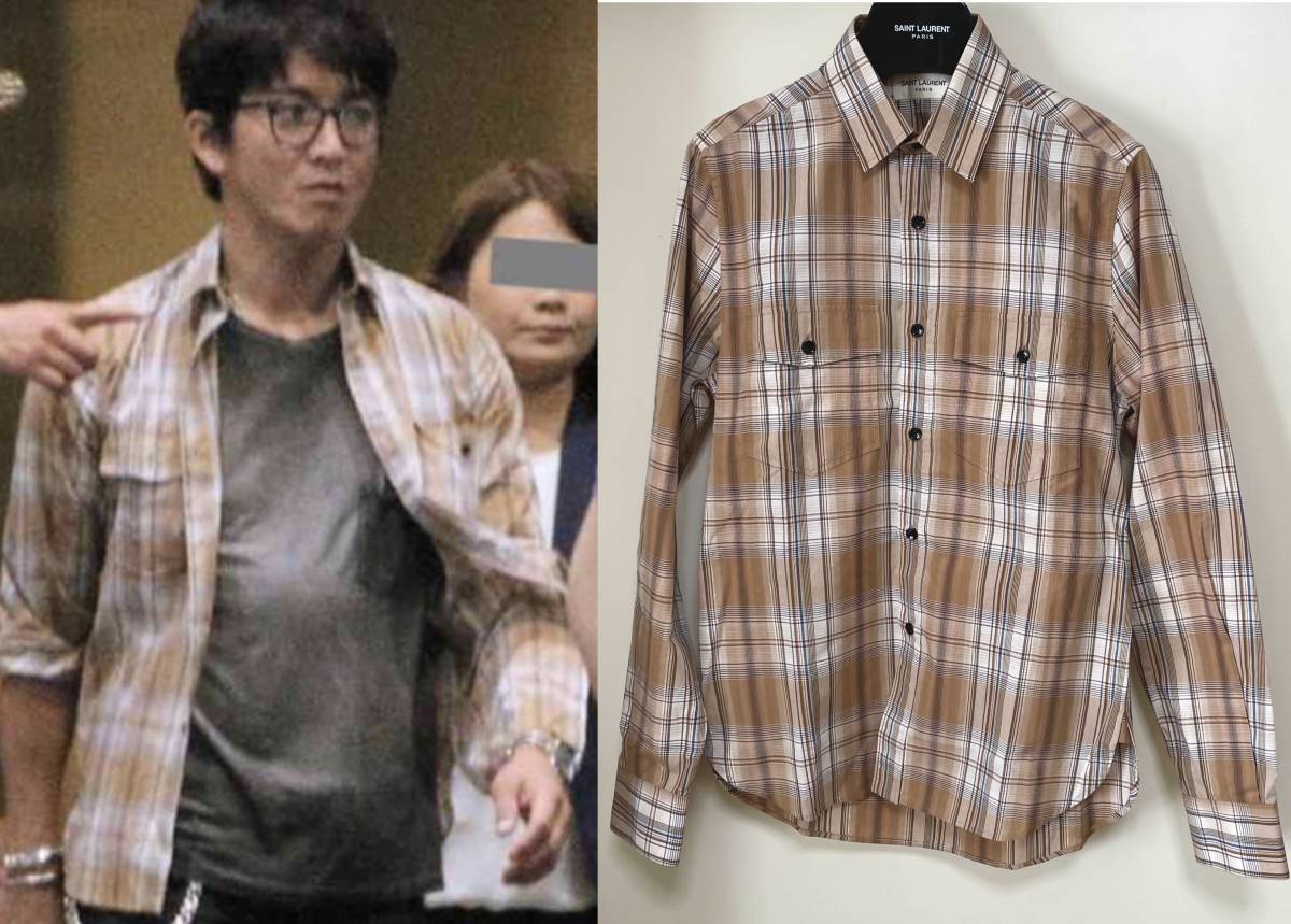 キムタク着用 サンローランパリ 15SS ラメ チェックシャツ 38 木村拓哉 