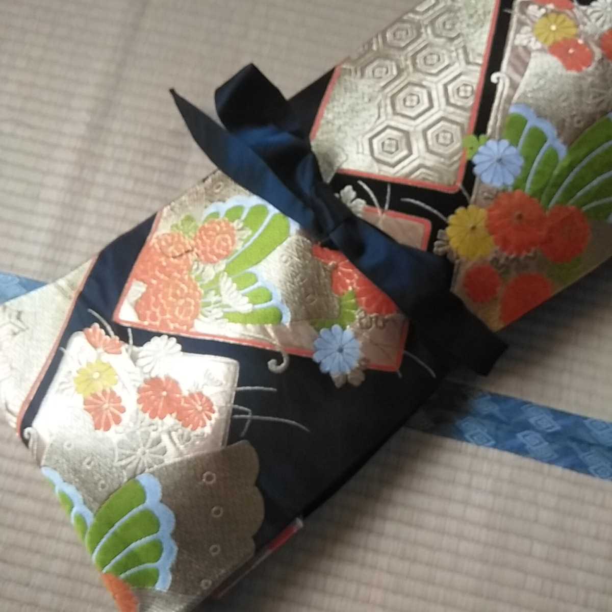 ☆琴カバー 琴油単（ゆたん） 絹袋帯リメイク 金彩 菊蝶々刺繍