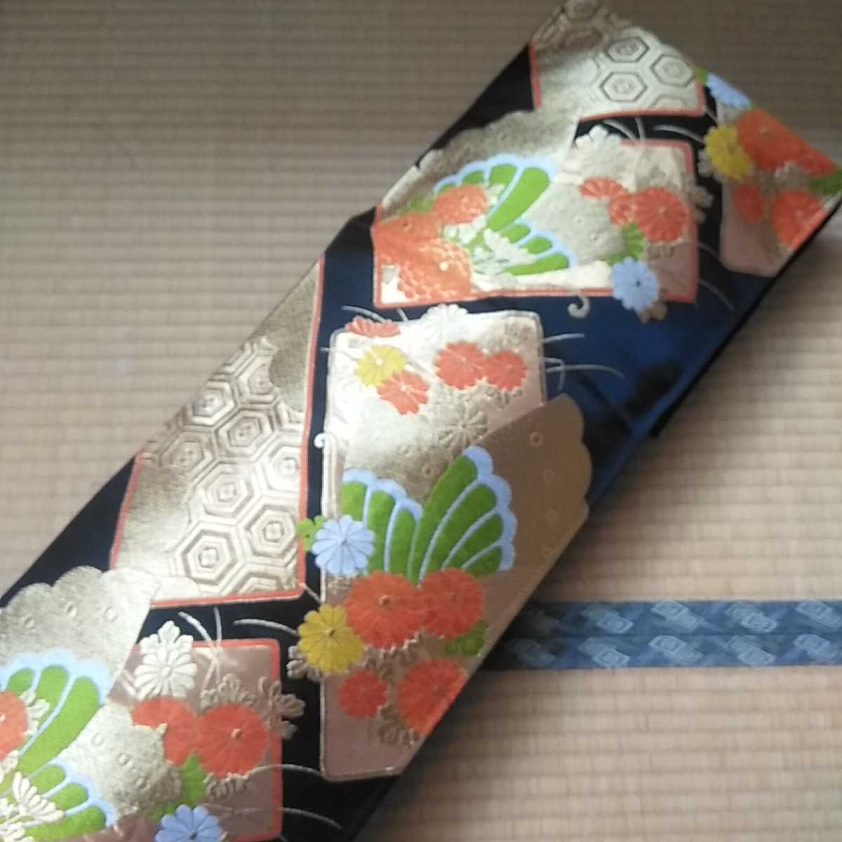 ☆琴カバー 琴油単（ゆたん） 絹袋帯リメイク 金彩 菊蝶々刺繍