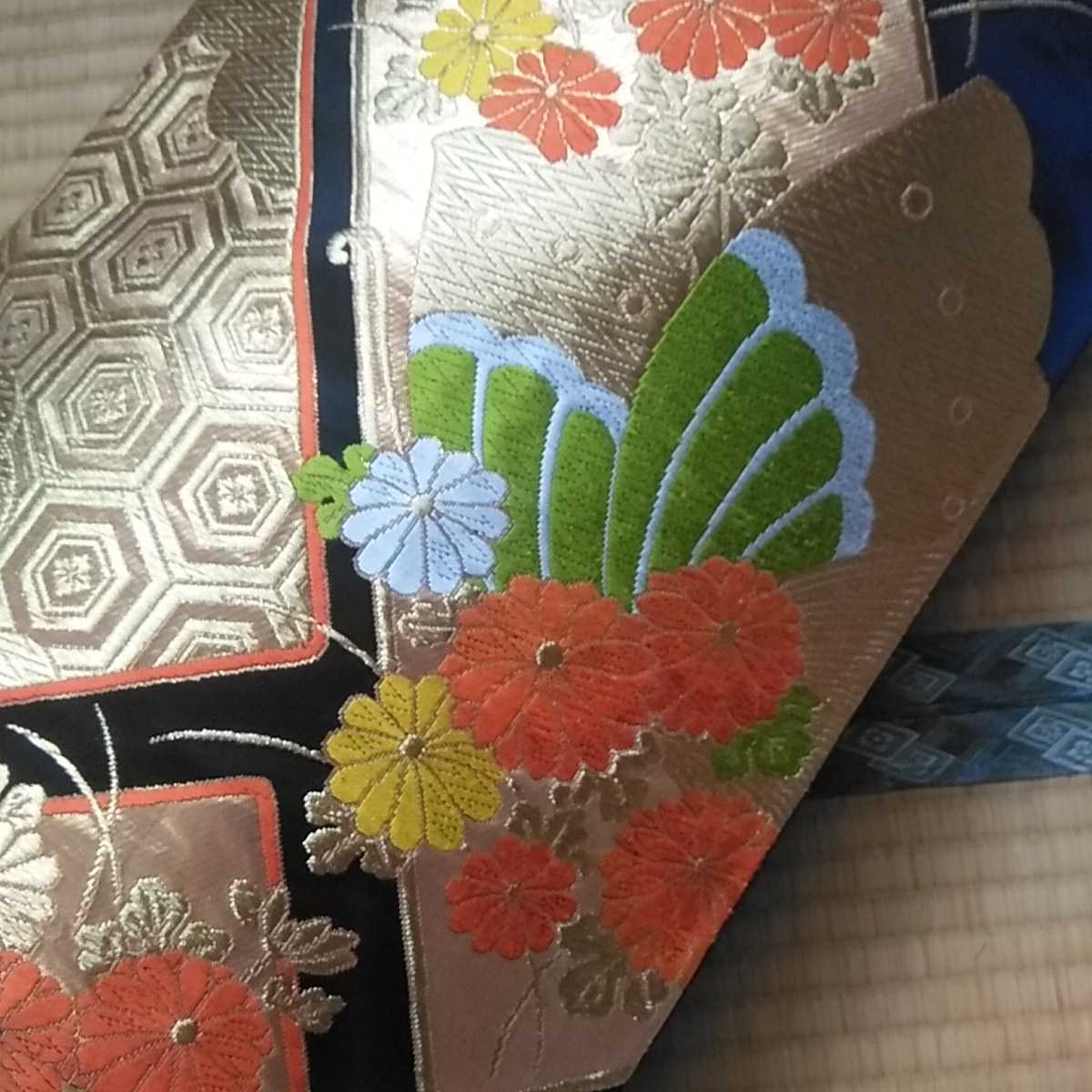 ☆琴カバー 琴油単（ゆたん） 絹袋帯リメイク 金彩 菊蝶々刺繍