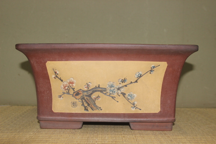 中国宜興 文革花盆 朱泥字画刻長方鉢 間口35.5cm |