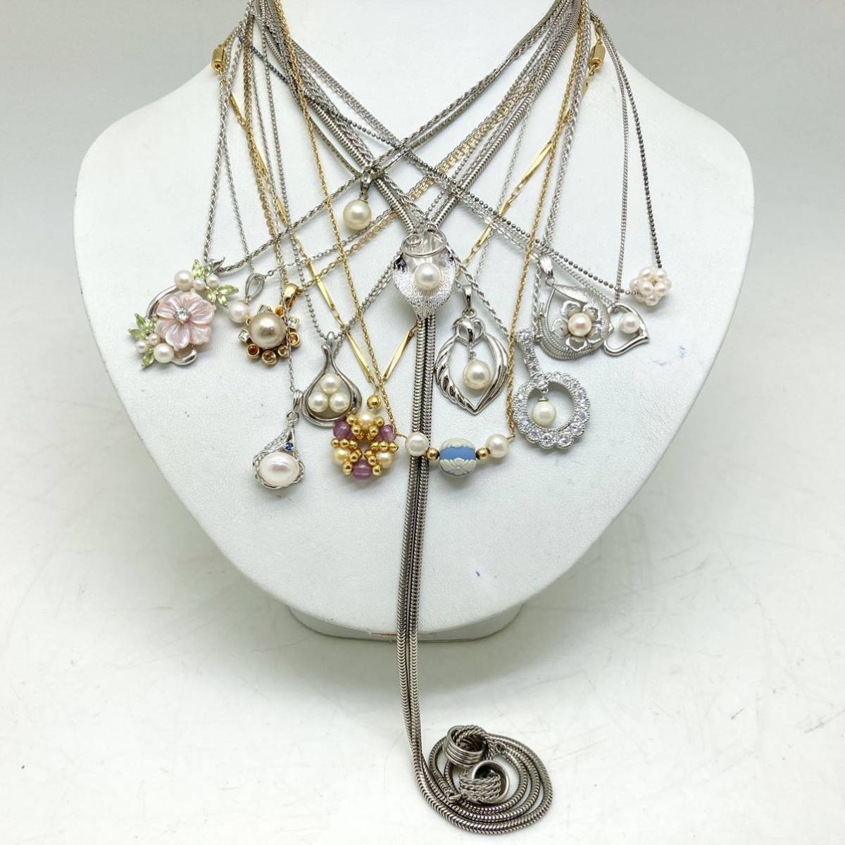 SALE，得価 SALE!!□パールペンダントネックレス14点おまとめ□重量約