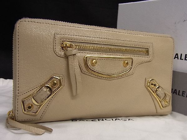 1円 ■美品■ BALENCIAGA バレンシアガ クラシック コンチネンタル ジップ レザー ラウンドファスナー 長財布 ベージュ系 K5181Wk