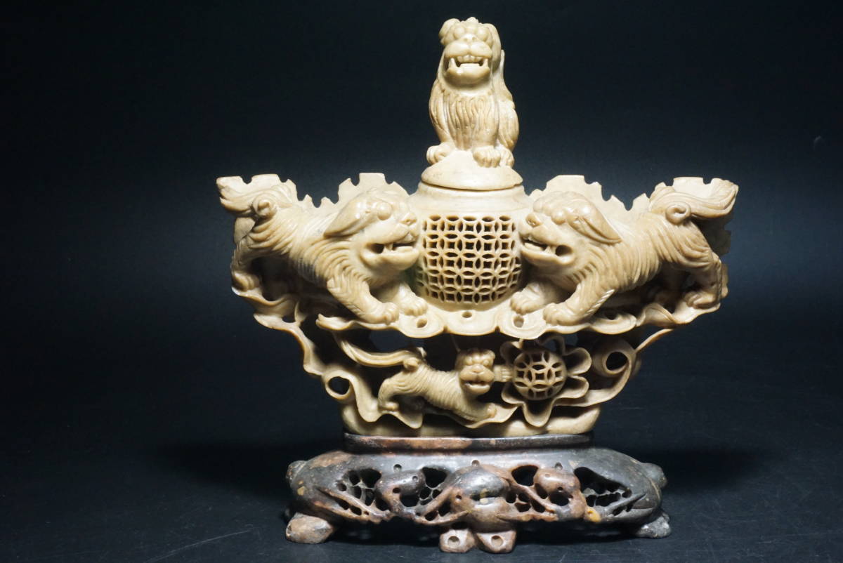 中国美術 獅子香炉細密彫 香炉 寿山石置物 時代古玩① 中国美術 獅子香炉