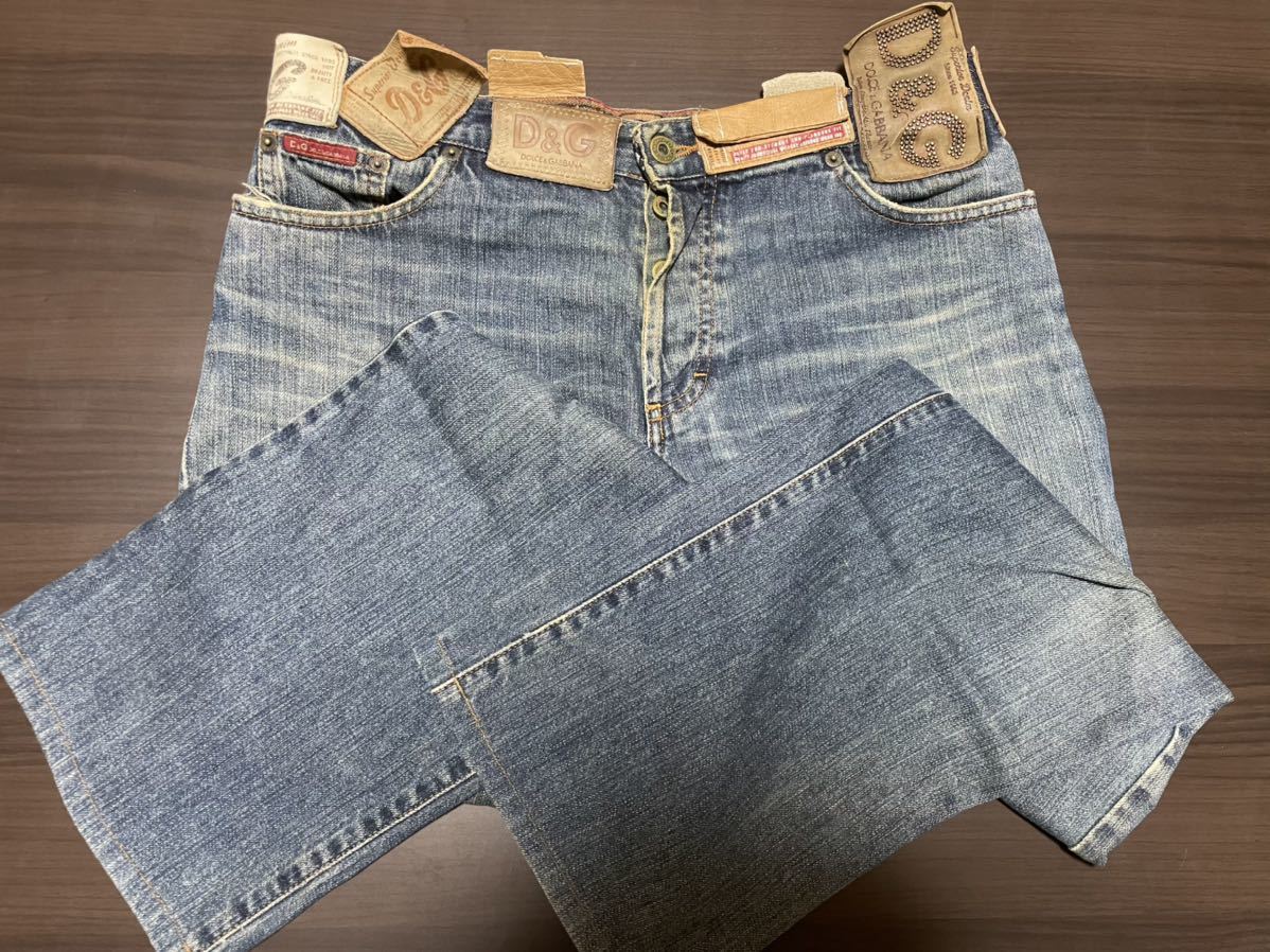 超レア】 D＆G ウエスト全面ロゴ革パッチ デニム ドルガバ 48(ジーンズ 