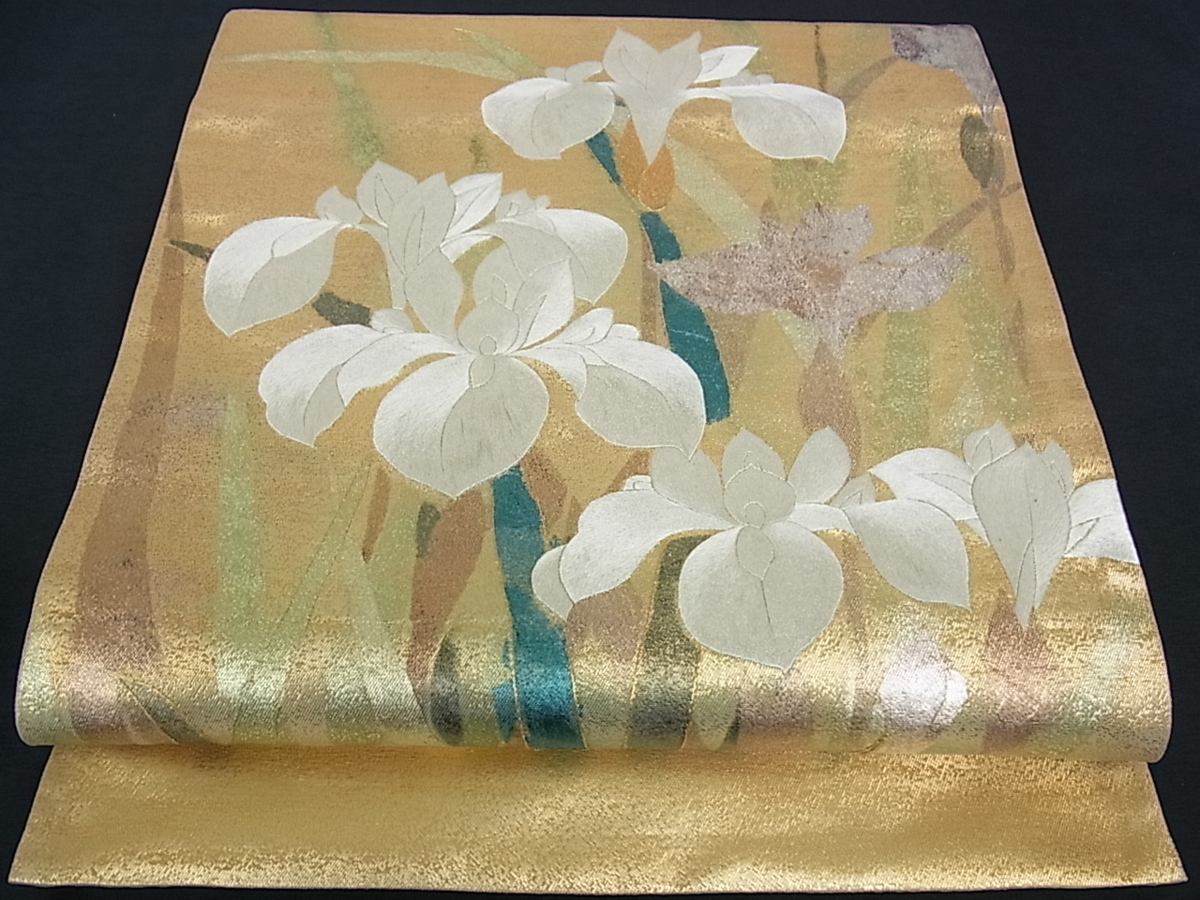 平和屋着物□六通太鼓柄袋帯 手刺繍 杜若 金彩 逸品 w176 【公式通販】