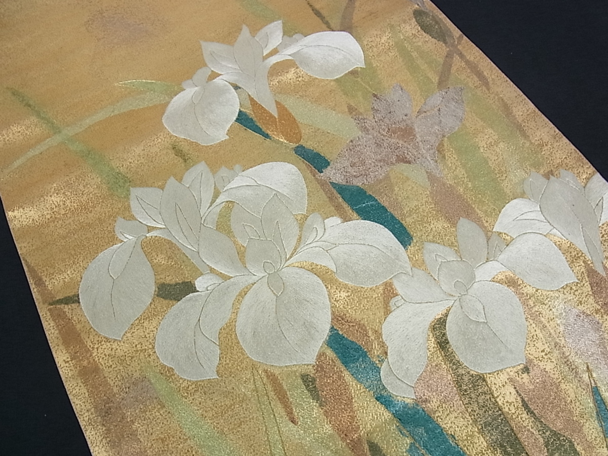 平和屋着物□六通太鼓柄袋帯 手刺繍 杜若 金彩 逸品 w176 【公式通販】