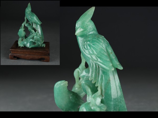 鳥の置物　翡翠？ 西】X072 中国美術 翡翠 鳥彫 置物 台付 唐物 【公式通販】