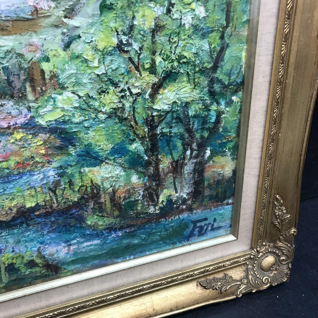 アンティーク 絵画 油絵 油彩画 額縁 桜 山林 森林 春 風景画 Fuji K 飾り物 ビンテージ ヴィンテージ 昭和レトロ レトロ _4