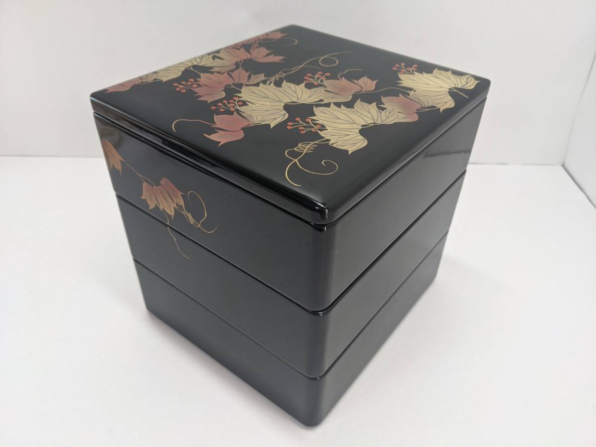 川連漆器 ｜漆器重箱 長角三段重（トレー付）〔28×15×20 川連漆器木製