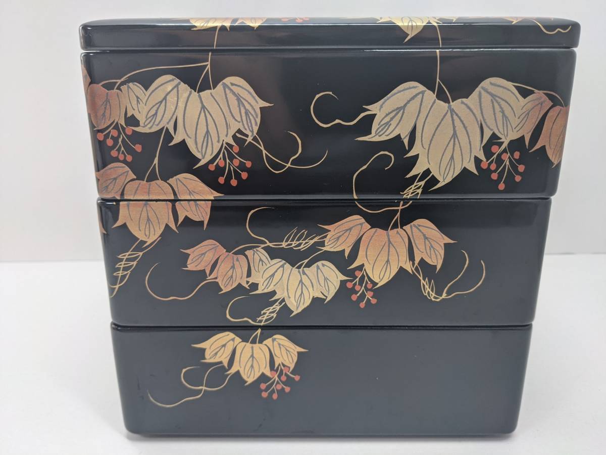川連漆器 ｜漆器重箱 長角三段重（トレー付）〔28×15×20 川連漆器木製