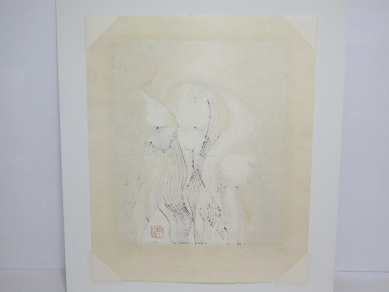 F27-3242[SAN]【真作】中山正 木版画「蝶の少女(B)」額装 直筆サイン