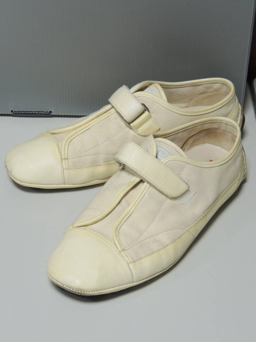★ 国内正規 イタリア製 7.5 プラダ スポーツ PRADA SPORT ベルクロ ドライビング シューズ 革靴 レザー キャンバス スニーカー ベージュ