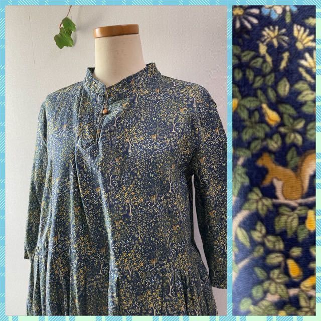 Handmade 森の動物リス柄スタンドカラーロングワンピース 北欧英国ハンドメイドボタニカルフォーマルお嬢様グリーンネイビーリバティ風 ワンピース 売買されたオークション情報 Yahooの商品情報をアーカイブ公開 オークファン Aucfan Com