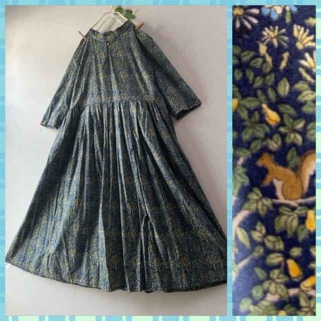 Handmade 森の動物リス柄スタンドカラーロングワンピース 北欧英国ハンドメイドボタニカルフォーマルお嬢様グリーンネイビーリバティ風 ワンピース 売買されたオークション情報 Yahooの商品情報をアーカイブ公開 オークファン Aucfan Com