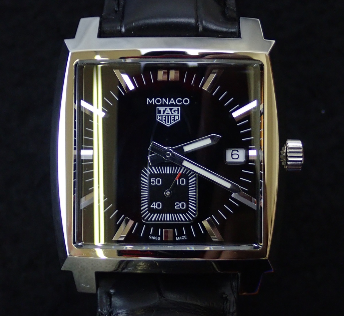 ◎美品 TAG-HEUER タグホイヤー モナコ クォーツ時計 WAW131A 黒文字盤 アリゲーター レザーベルト カレンダー 腕時計 ギャラあり 付属あり