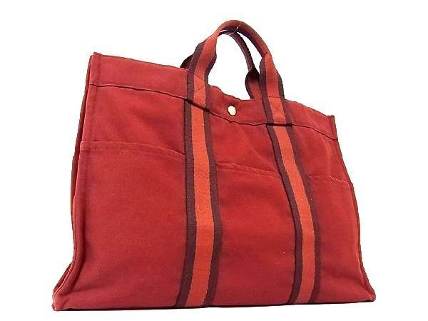 1円 ■美品■ HERMES エルメス フールトゥMM キャンバス シルバー金具 ハンドバッグ トート 手持ちかばん レディース レッド系 P4589sオ