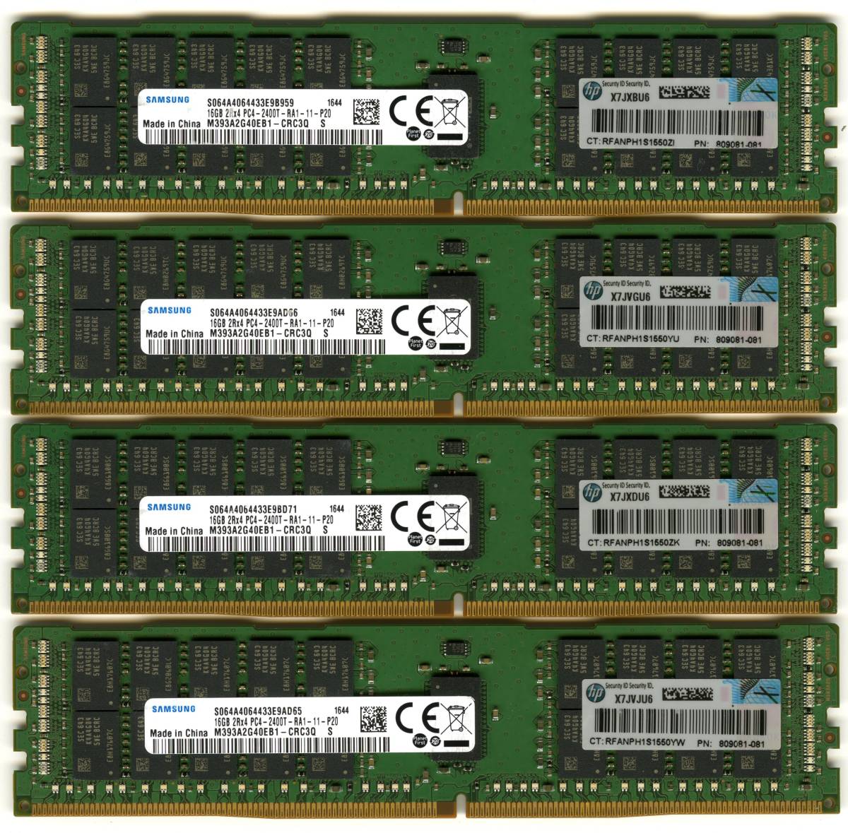 HP純正 Samsung、DDR4-2400、ECC Registered、16GB×4枚セットで64GB、中古 Z440で動作確認済み 809081-081 1644