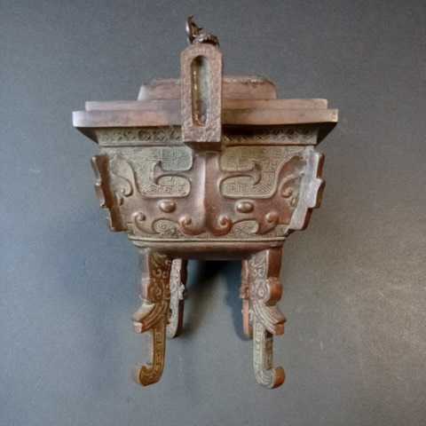 金属工芸1 陵山銘 饕餮文唐獅子香炉 高さ約17cm 中国古玩