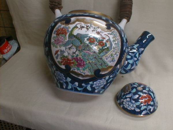 特大急須型　鮮やか花鳥 色絵　56cm　33x30cm　陶磁器製飾り置物