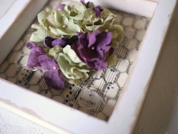 ハンドメイド　布花 紫陽花のフレーム入りリース　アンティーク_3