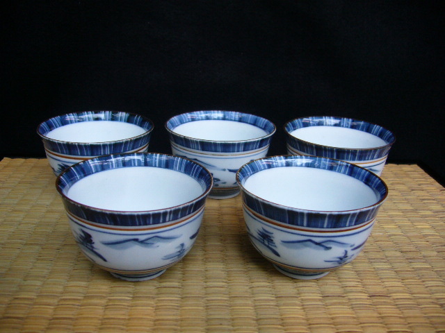 有田焼　林九郎　有田　吸い出し　湯呑　5客　染付け　作家物　茶道具　手描き　煎茶碗　煎茶　五客　高級　山水　風景　山水紋　有田焼