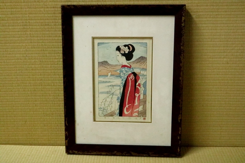 竹久夢二「舞妓」木版画 港屋版 証明シール・印章有 大正ロマン 美人画