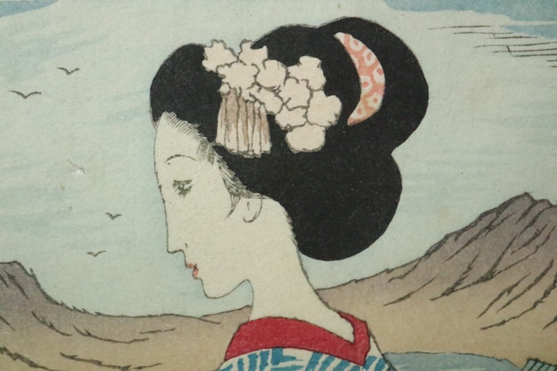 竹久夢二「舞妓」木版画 港屋版 証明シール・印章有 大正ロマン 美人画 モダン 竹久夢二「舞妓」木版画 港屋版 証明シール・印章有 大正ロマン 美人画