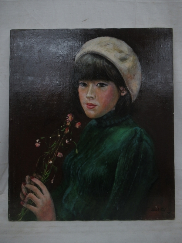 真作絵画 弦田英太郎 Yahoo!オークション 真作保証 油彩「花」画寸 23cm