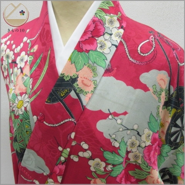 ★着物10★ 1円 絹 小紋 アンティーク 花車 菊 牡丹 梅 袷 身丈150cm 裄65cm [同梱可] ☆☆